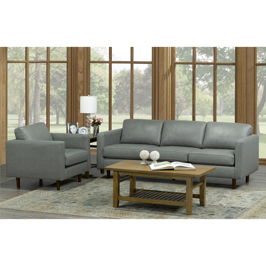 Booker Mid Century Modern Grey Top Grain Italian Leather Tufted Sofa and Chair