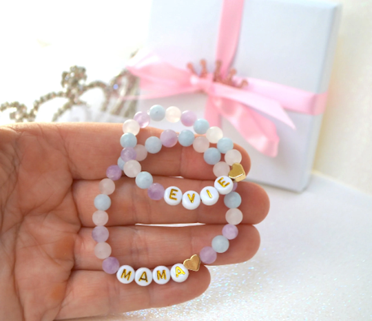 Mother's Day Gift, 18K Gold Heart Gemstone Bracelet, Girls Baby Shower Mom Daughter Personalized Baby, Gift For