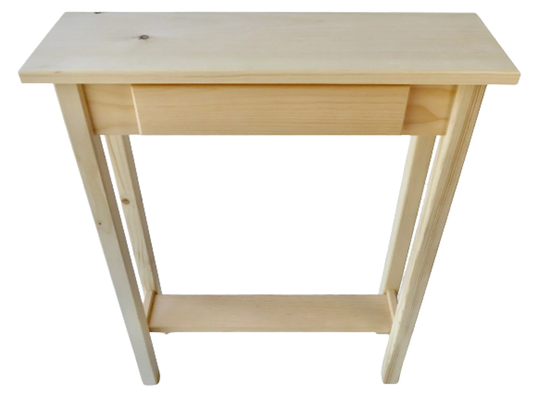 Unfinished Pine Narrow Shaker Console Sofa Wall Table With Bottom Shelf & False Drawer - 24" Long X 7.5" Deep 30" Tall