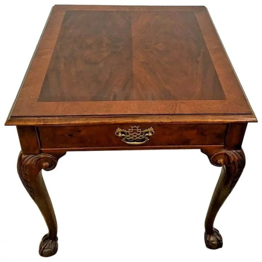 Baker Furniture Square Table Drawer Banded Mahogany Chippendale Ball Claw Legs