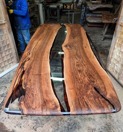 Epoxy Table, Custom Order Walnut Dining Black Table, Resin Curve Edge Table