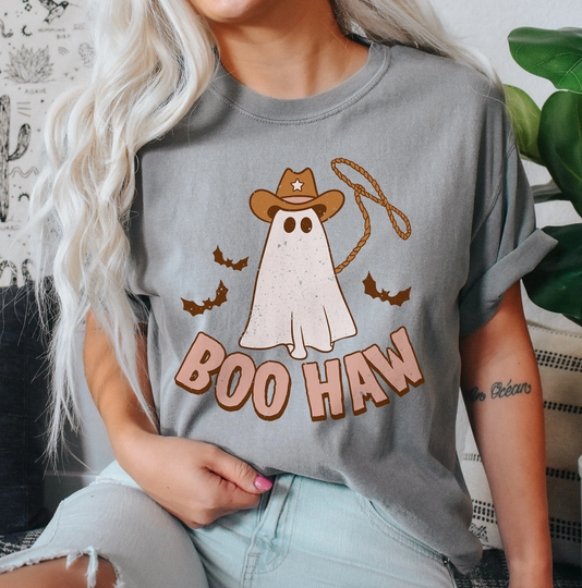 Boo Haw Comfort Colors Western Graphic Tee Retro Halloween Shirt Cowgirl Country Shirts Cute Ghost Fall