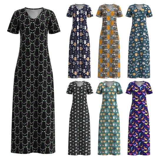 Cute Cats Pattern Pet Animal Theme Print Short Sleeve Maxi Dress