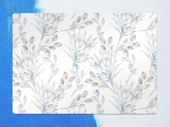 African Protea Chair Mat, Blue Vinyl Floor White Protective Floral Splat Flooring, Housewarming Gift
