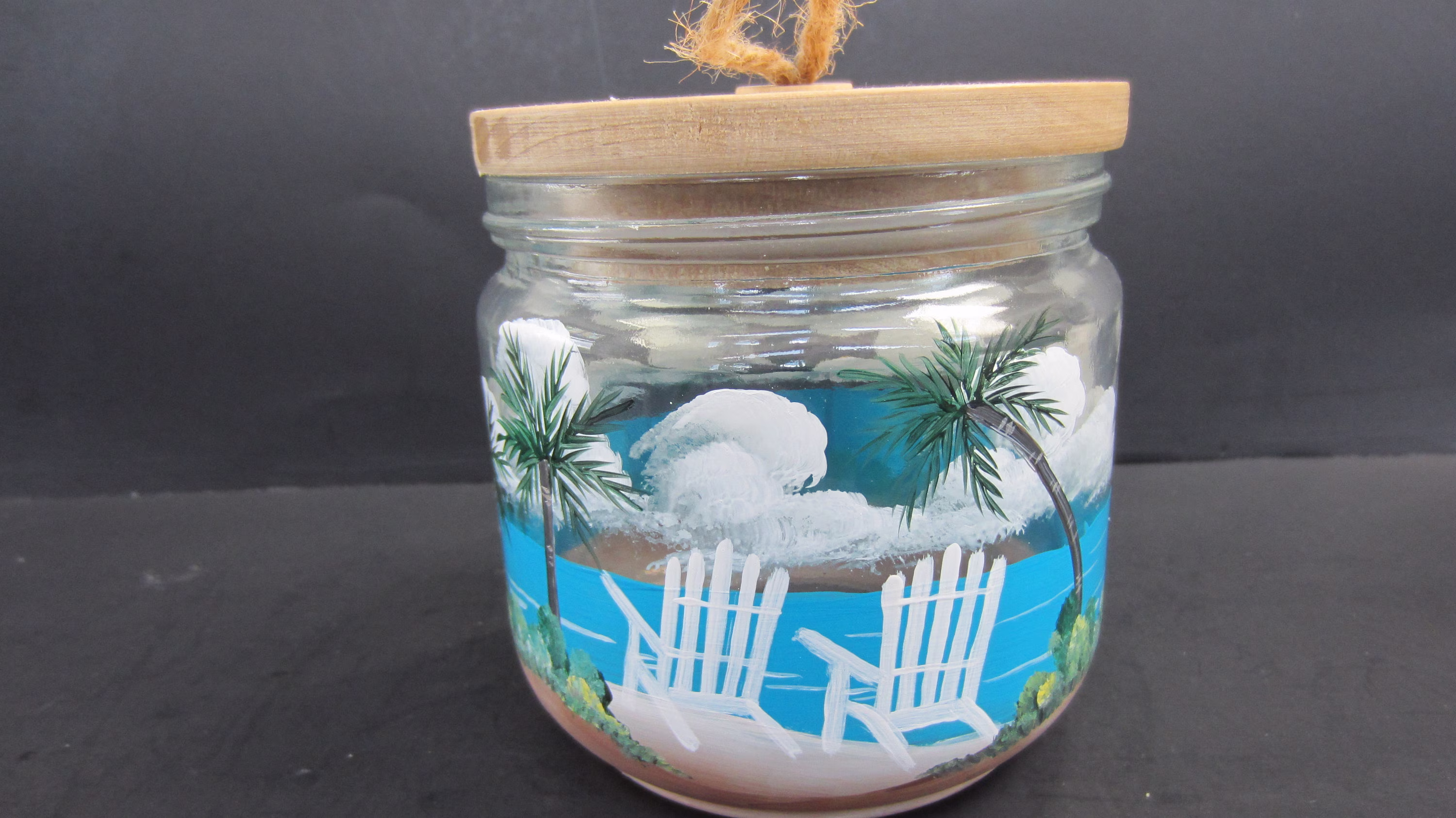 Covered Jar Palm Trees & Beach Chairs With A Scene Round Small Jar, Storage Wood Tight Fitting Lid Hand Painted All Around