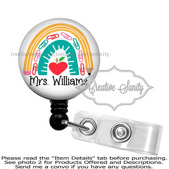 Rainbow Teacher Badge Reel, Pencil Paper Clip Apple Badge, Lanyard, Retractable Carabiner, Gift
