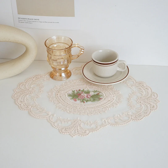 Vintage Embroidered Table Placemat | Lovely Lace Cloth Dinning Mat Victorian Flower Dining Linen