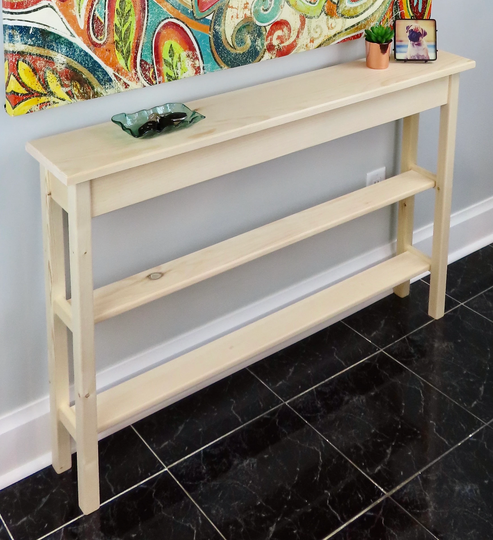 Unfinished Pine Narrow Shaker Console Sofa Wall Table With 2 Shelves - 46" Long X 7.5" Deep 30" Tall