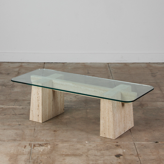 Postmodern Travertine Coffee Table With Glass Top