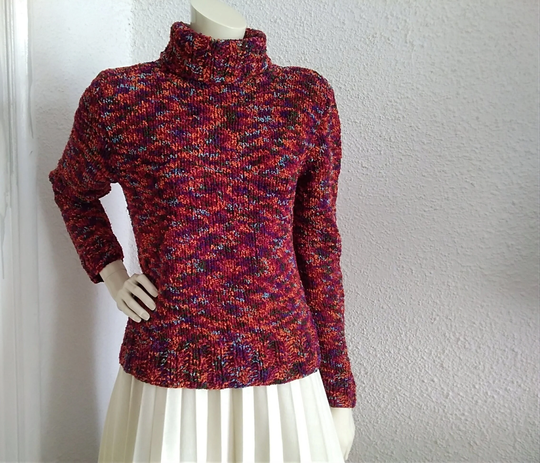 90S Colorful Sweater Rainbow Winter Jumper Handknitted Turtleneck Multi-Color Velvet Pop-Art Boho Hippie Marled