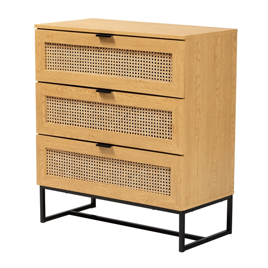 Sawyer Mid-Century Modern Industrial Oak Brown Finished Wood and Black Metal 3-Drawer Storage Cabinet with Natural Rattan