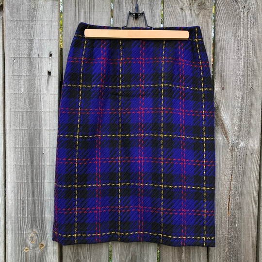 90S Vintage Wool Lined Plaid Pencil Skirt. Bright Plaid. Free Shipping
