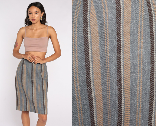 60S Pencil Skirt Grey Striped Midi Wool High Waisted Hippie Boho Wiggle Retro 1960S Vintage Small 28