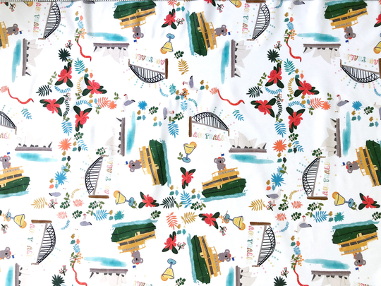 Koala Ferry & Sydney Opera House White Floral Quilting Cotton Fabric By 1/4, 1/2 Yard Or Fat Quarter, Australian Harbour Bridge Native Flora