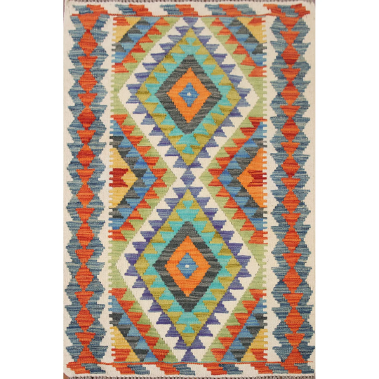 Southwestern Multi-Color Kilim Rug Flatweave Wool Carpet - 2'9" x 3'10"