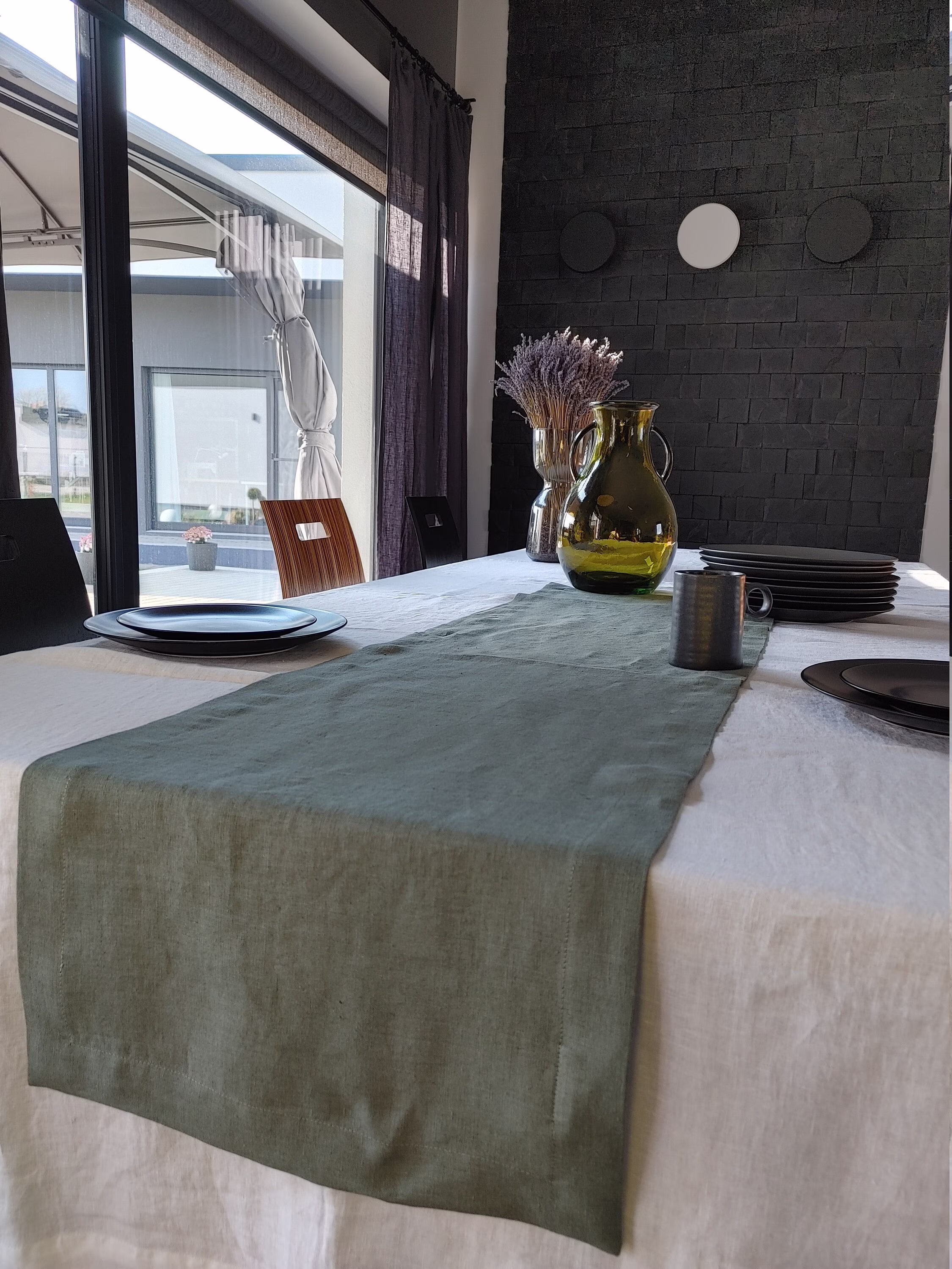 Linen Table Runner - Moss Green Linen With Mitered Corners