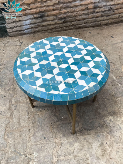 Turquoise Mosaic Table For Outdoor & Indoor 100% Handmade Made From Mosaic Tiles, Round Tiles And