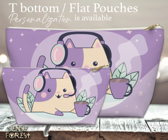 Kawaii Pouch, Cute Cat Purple T Cat Flat Pouch, Pencil Case, Cute Zipper Anime Toiletry Cosmetic Bag