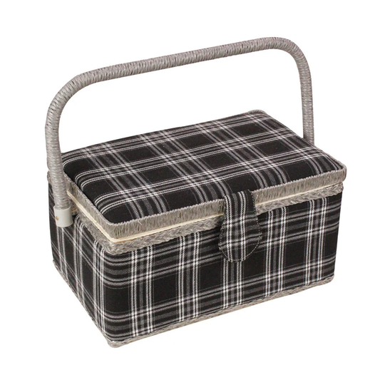 Sewing Basket With Black Plaid Design/storage Box Removable Tray Built-In Pin Cushion & Interior Pocket - Box