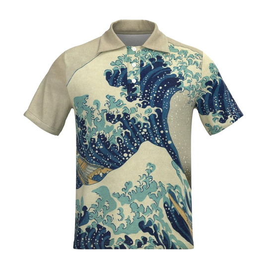 Hokusai Great Wave Off Kanagawa Japanese Painting Fine Art Japan Short Sleeve Collar Collared Polo Tee T-Shirt Shirt