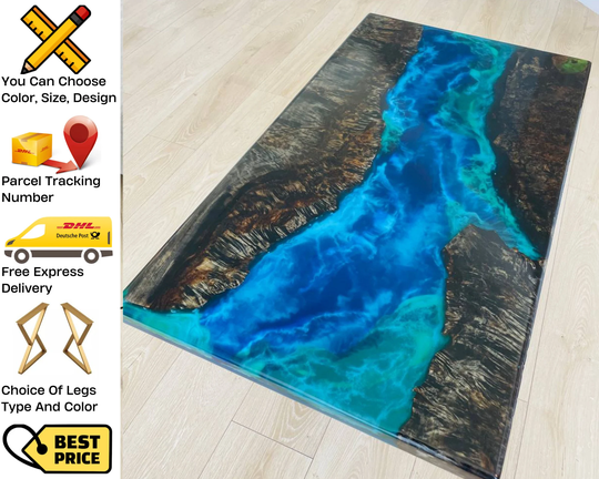 Banquet Epoxy Tables, Coffee Table, Live Edge River Pearlescent Black Custom Table