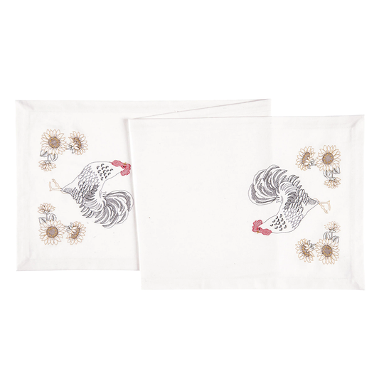 14" x 51" Parisian Rooster Cotton Embroidered Table Runner - White
