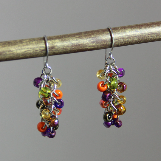 Festive Colorful Clusters - Cute Orange Lime Green Gold Purple Bronze Beaded Earrings -Fall Color Cluster