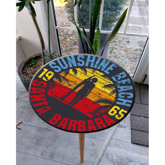Small Round Coffee Table With Girl Surfer Print Santa Barbara Sunshine Beach Unique Low Wooden Three Legged For Living Room, Terrace