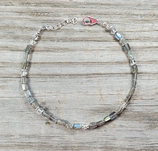 Labradorite & Quartz Adjustable Size Anklet, Sterling Clasp