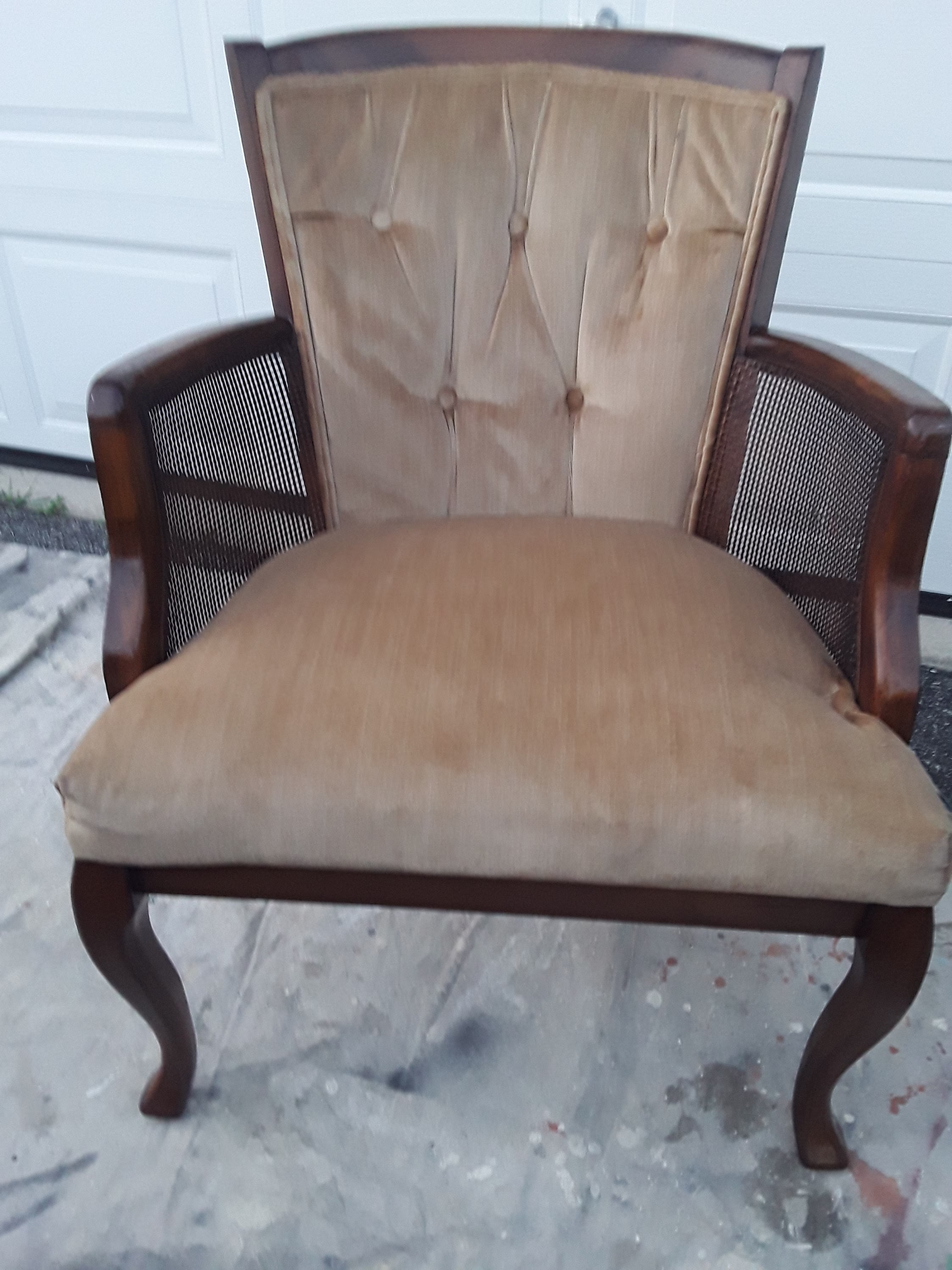 A Gorgeous Queen Anne Tufted Sturdy Brownish Cream Beige Velvet Cane Sides Parlor/Side Arm Chair
