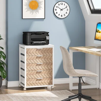 5 Drawer Chest, Wood Storage Dresser Cabinet With Wheels, Industrial Storage Drawer Organizer Cart For Office Bedroom Entryway