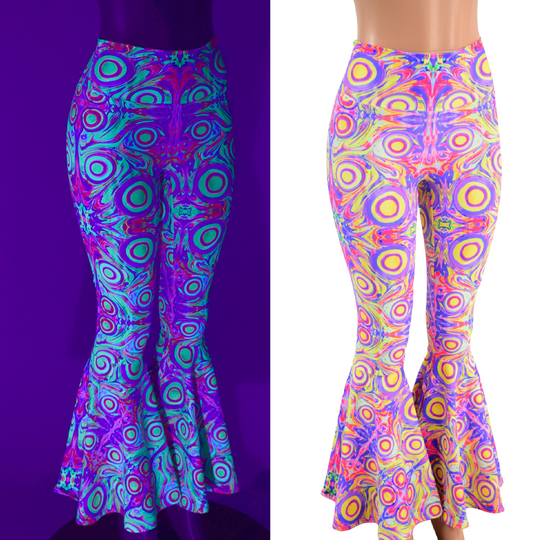 Uv Glow Neon Orb Print High Waist Bell Bottom Flares 157882