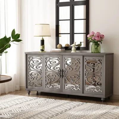 Gray 4 Mirror Glass Carved Door Sideboard