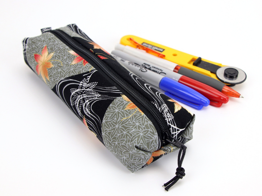 Handmade Pencil Case, Zippered Pen Pouch, Back To School, Maple Leaves Black