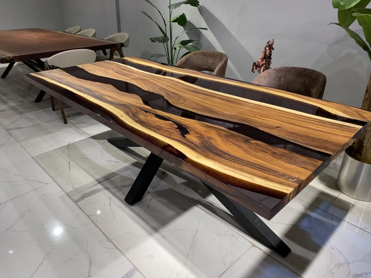 Custom Epoxy River Resin Dining Table, Black Walnut Handmade Slab, Clear