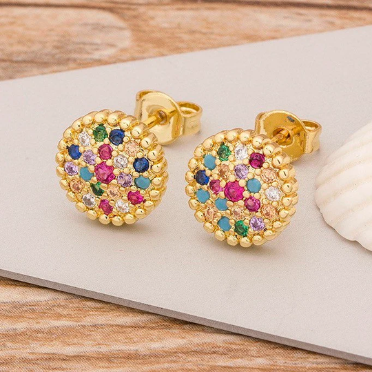 Cubic Zirconia Stud Earrings - Colorful Rainbow Stud Multi Color Gold Rhinestone Studs Pave