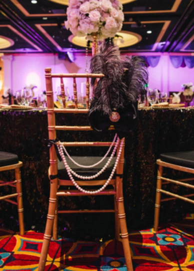 Unique Chiavari Chair Decoration With Black Satin Bow & Gold Brooch, Pearls/Quinceanera/ Wedding Decoration/ Gatsby/ Pearl/ Feather