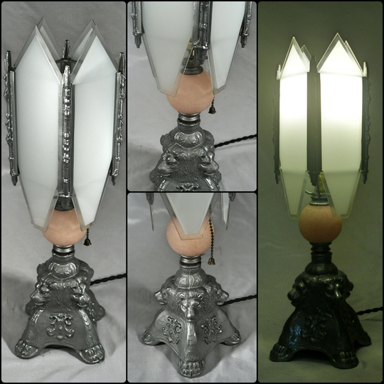 Art Deco Mid Century Table Lamp Rewired Silver Glass White Lion Motif Pink Alabaster Stone Break