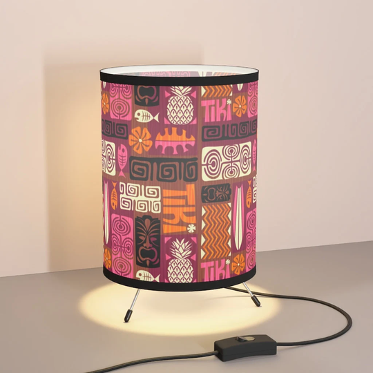 Retro 1950S Tiki Bar Mid Century Modern Tripod Table Lamp With Wrap-Around Shade & Switch. For Living Room, Bar, Home Office, Or Man Cave