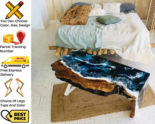 Epoxy Resin Marine Table, Live Edge Coffee Fashion Ocean Wave Table Spot, Living Room Decor, Custom Tables