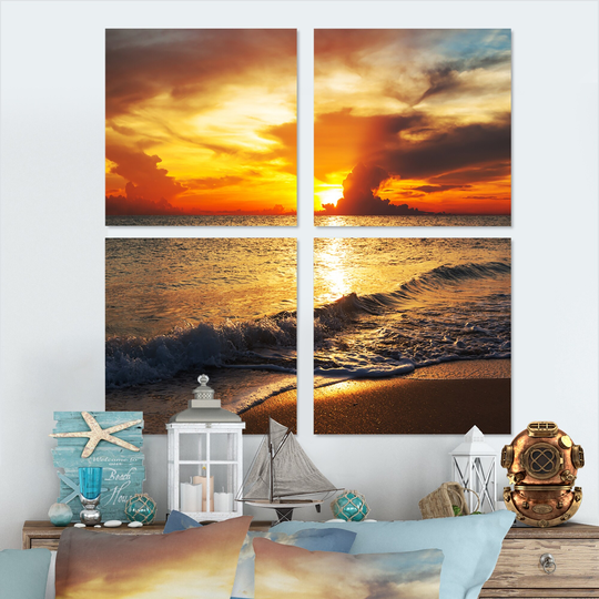 Designart 'Colorful Dramatic Sunset over Waves' Sea & Shore Canvas Wall Art Print