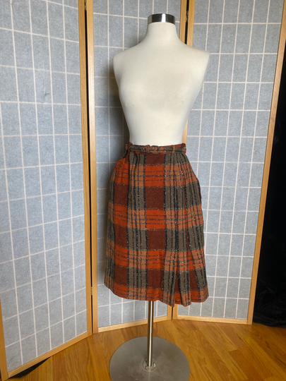 Vintage 1950's Orange Plaid Tweed Pencil Skirt With Belt, Size Small