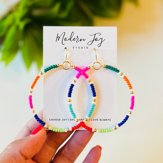 Colorful Beaded Big Hoop Earrings Boho, Trending Women, Bead Statement, Large Beads, Gift