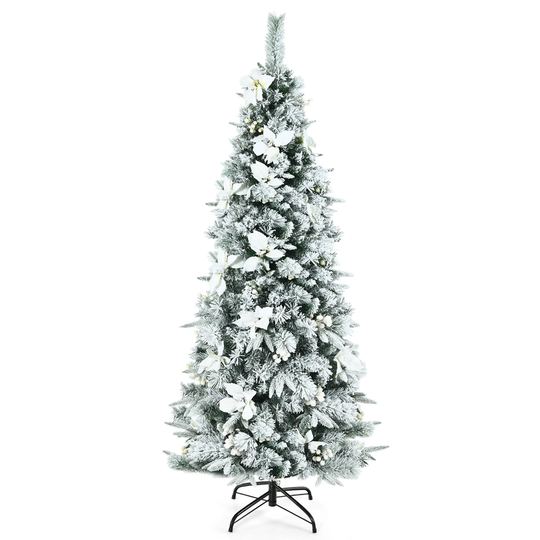 Costway 6ft Snow Flocked Christmas Pencil Tree w/ Berries & Poinsettia - See Details