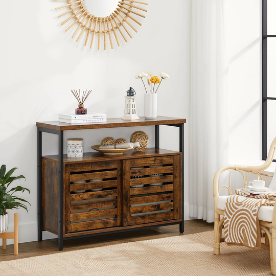 Industrial Sideboard With Sliding Doors, Brown Shelving Unit, Mini Bar in House | Living Room Cabinet, Vertical Organizer, Home Gifts
