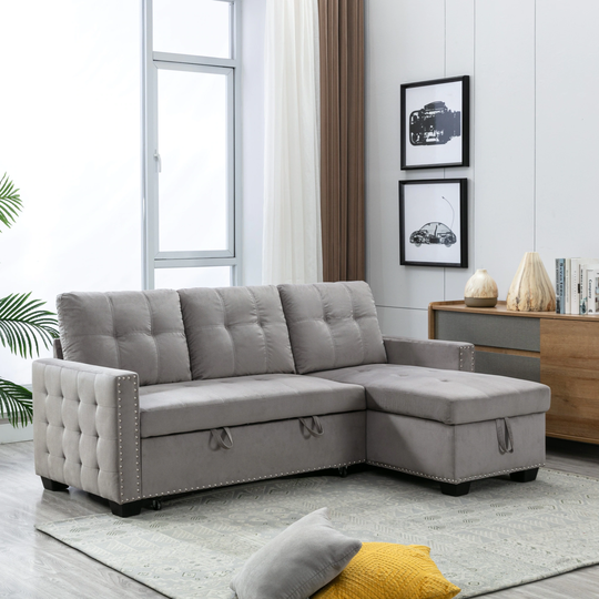 Reversible Velvet Sectional Sofa Pull out Sleeper Sofa Bed L-shape 3 Seat Sectional Storage Chaise with Removable Cushions