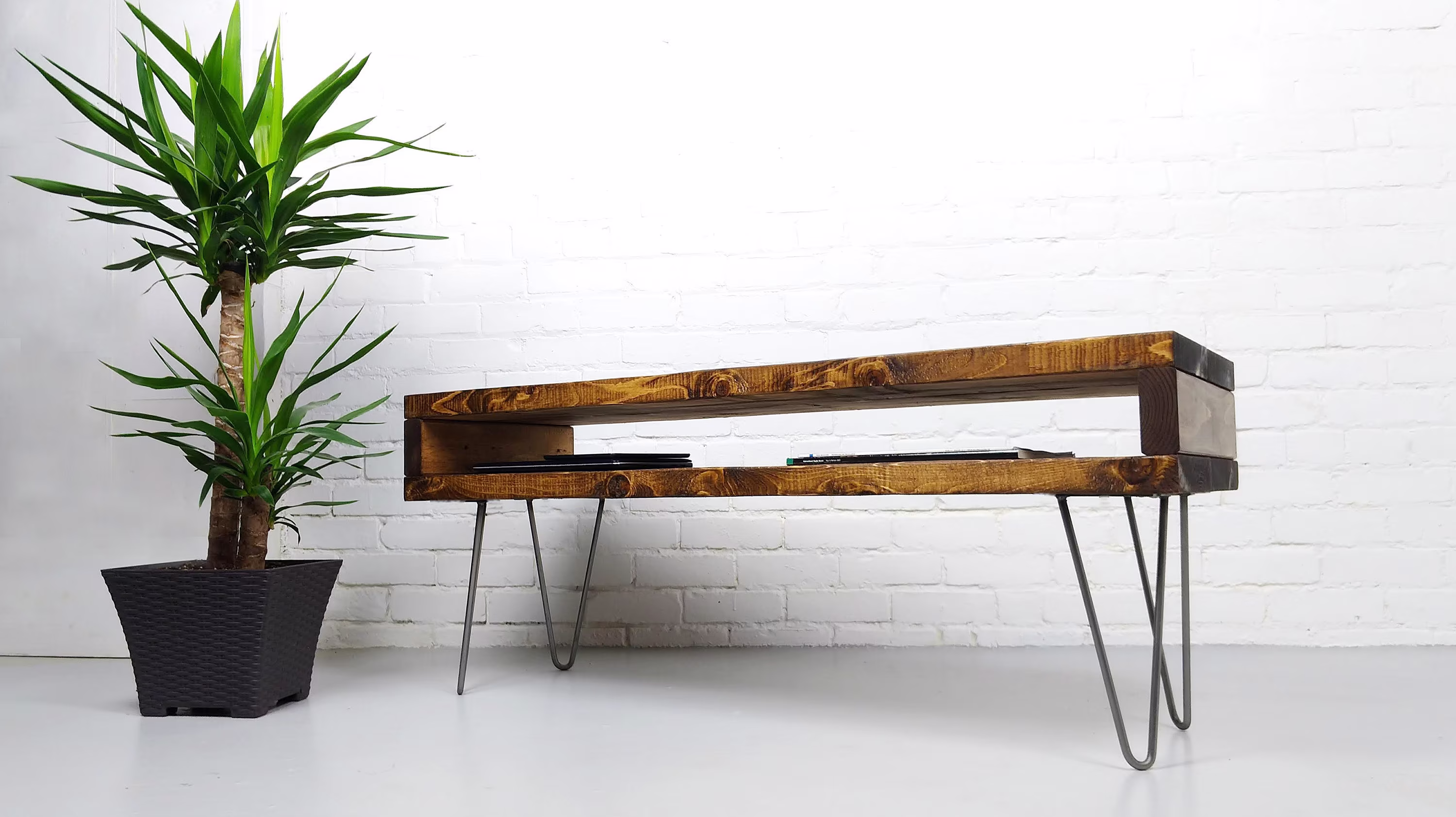 Rustic Coffee Table | Media Console, Mid Century On Industrial Steel Hairpin Legs