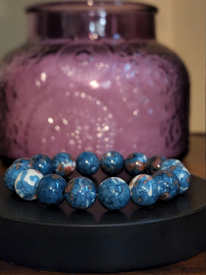 Blue & Orange Rainflower Jade Beaded Bracelet
