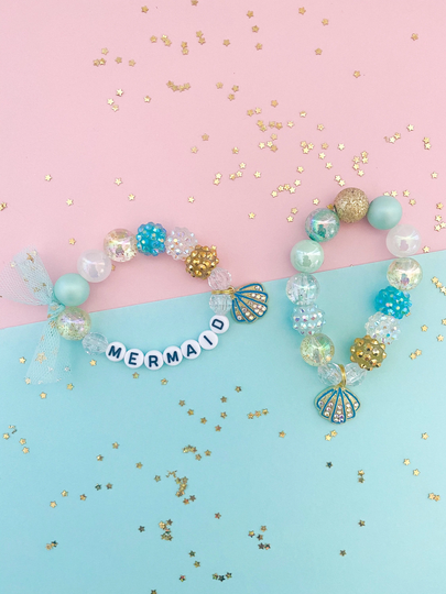 Kids Seashell Mermaid Charm Bracelet, Ocean Beach, Toddler Personalized, Custom Name, Children's, Aqua Turquoise, Tulle