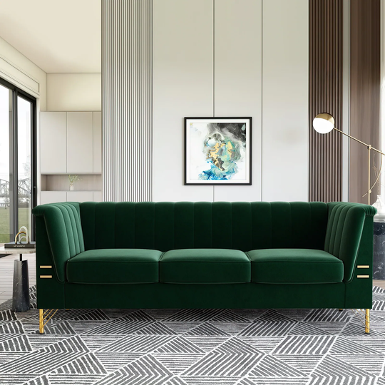 Modern Tufted Velvet Flared Arms Sofa Three Seat Sofa with Metal Legs